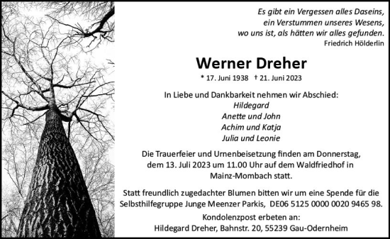 Traueranzeige von Werner Dreher von Allgemeine Zeitung Mainz