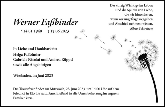 Traueranzeige von Werner Faßbinder von Wiesbadener Kurier