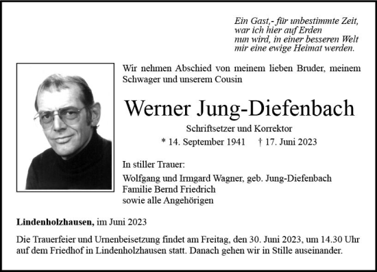 Traueranzeige von Werner Jung-Diefenbach von Nassauische Neue Presse