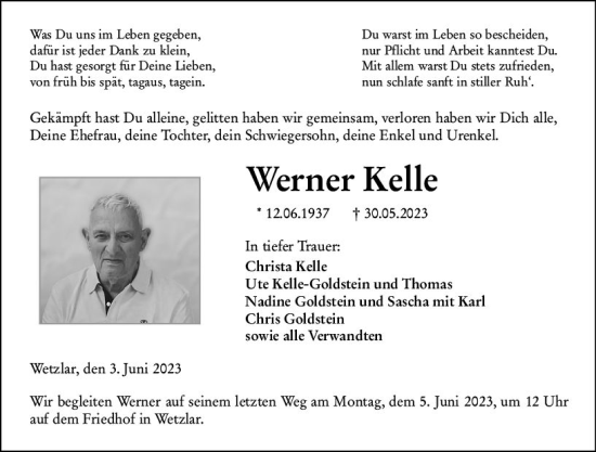 Traueranzeige von Werner Kelle von Wetzlarer Neue Zeitung