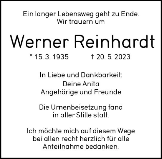 Traueranzeige von Werner Reinhardt von Wetzlarer Neue Zeitung