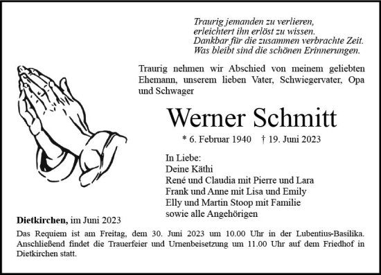 Traueranzeige von Werner Schmitt von Nassauische Neue Presse