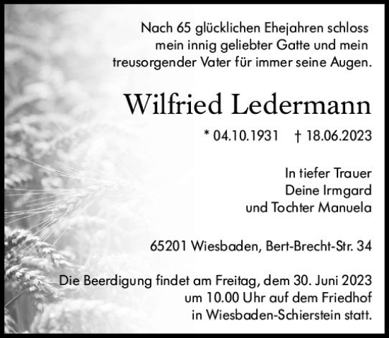 Traueranzeige von Wilfried Ledermann von Wiesbadener Kurier