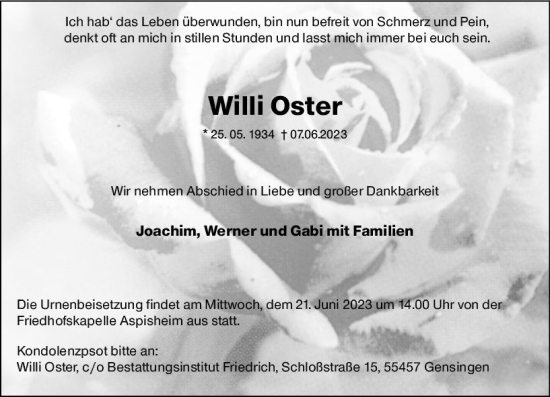 Traueranzeige von Willi Oster von Allgemeine Zeitung Bingen/Ingelheim