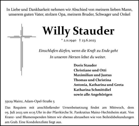 Traueranzeige von Willy Stauder von Allgemeine Zeitung Mainz