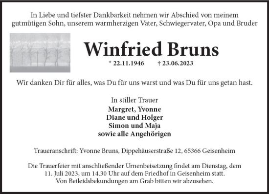 Traueranzeige von Winfried Bruns von Wiesbadener Kurier