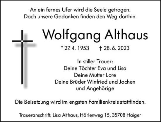 Traueranzeige von Wolfgang Althaus von Dill Block