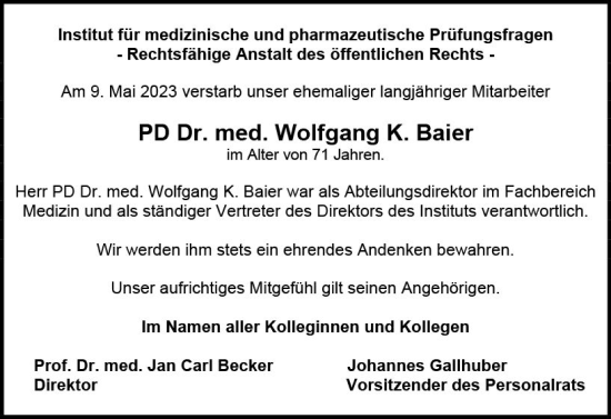 Traueranzeige von Wolfgang Baier von Allgemeine Zeitung Mainz