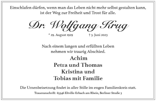 Traueranzeige von Wolfgang Krug von Wiesbadener Kurier