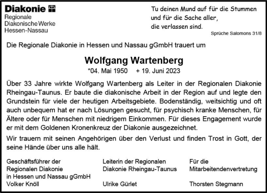 Traueranzeige von Wolfgang Wartenberg von Wiesbadener Kurier