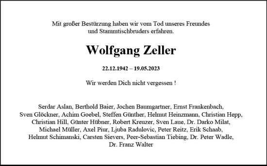 Traueranzeige von Wolfgang Zeller von Wiesbadener Kurier