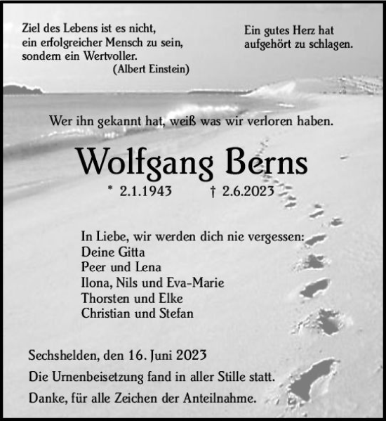 Traueranzeige von Wolfgans Berns von Dill Block