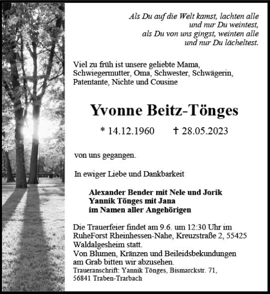 Traueranzeige von Yvonne Beitz-Tönges von Allgemeine Zeitung Mainz
