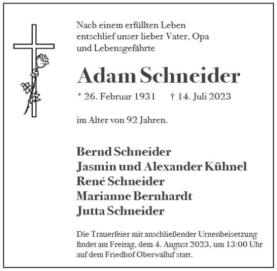 Traueranzeige von Adam Schneider von Wiesbadener Kurier