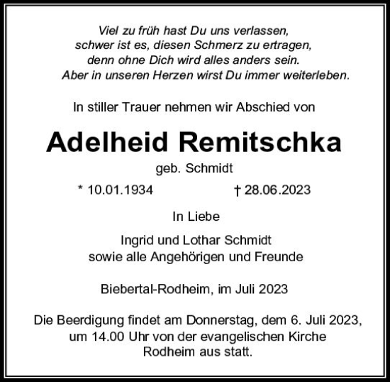 Traueranzeige von Adelheid Remitschka von Wetzlarer Neue Zeitung