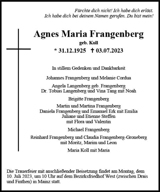Traueranzeige von Agnes Maria Frangenberg von Allgemeine Zeitung Mainz