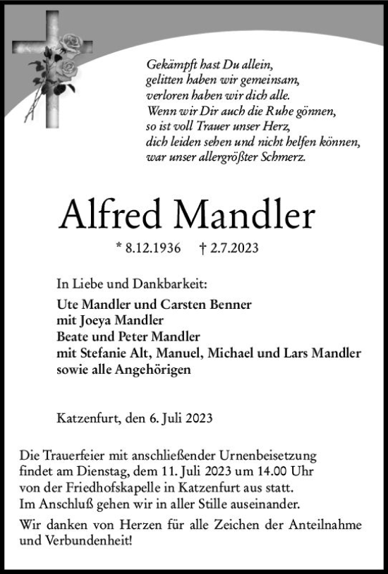 Traueranzeige von Alfred Mandler von Wetzlarer Neue Zeitung
