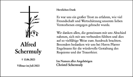 Traueranzeige von Alfred Schermuly von Nassauische Neue Presse