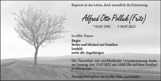 Traueranzeige von Alfred Otto Pollak von Hinterländer Anzeiger