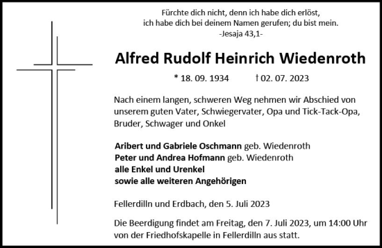 Traueranzeige von Alfred Rudolf Heinrich Wiedenroth von Dill Block