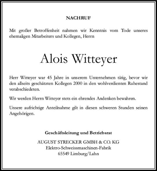 Traueranzeige von Alois Witteyer von Nassauische Neue Presse