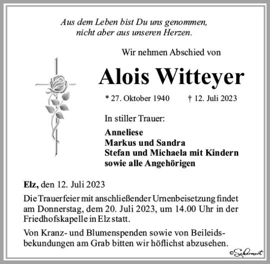 Traueranzeige von Alois Witteyer von Nassauische Neue Presse