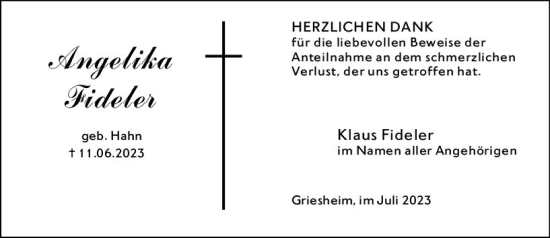 Traueranzeige von Angelika Fideler von Darmstädter Echo