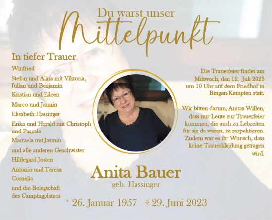 Traueranzeige von Anita Bauer von Bingen/Ingelheim WOBL inkl. Neue Binger Ztg.