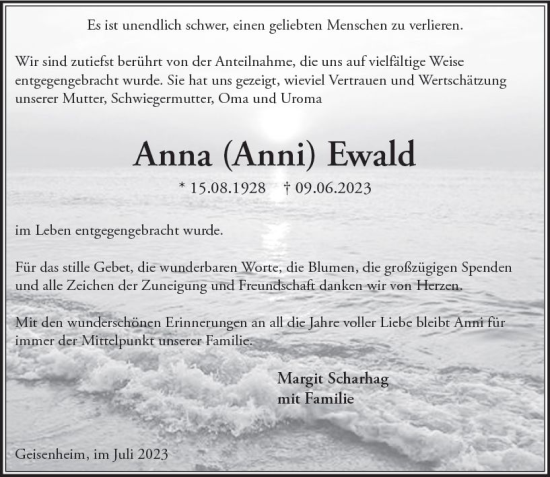 Traueranzeige von Anna Ewald von Rheingau Kurier