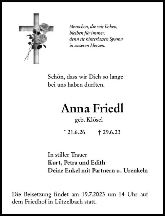 Traueranzeige von Anna Friedl von Odenwälder Echo