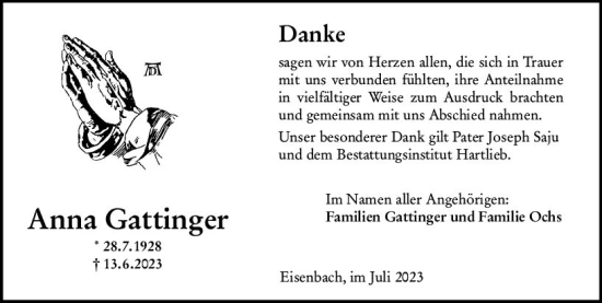 Traueranzeige von Anna Gattinger von Camberger Anzeiger