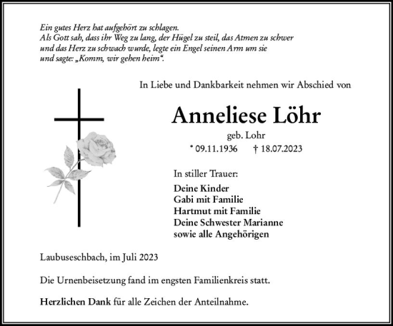 Traueranzeige von Anneliese Löhr von Weilburger Tageblatt