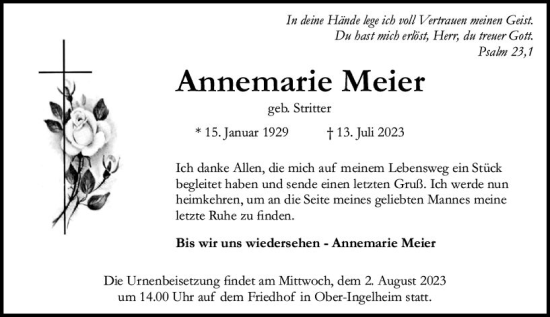 Traueranzeige von Annemarie Meier von Allgemeine Zeitung Bingen/Ingelheim