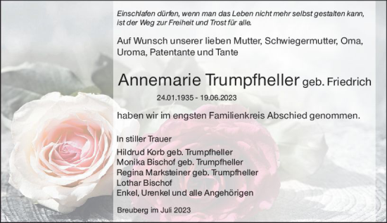 Traueranzeige von Annemarie Trumpfheller von Odenwälder Echo