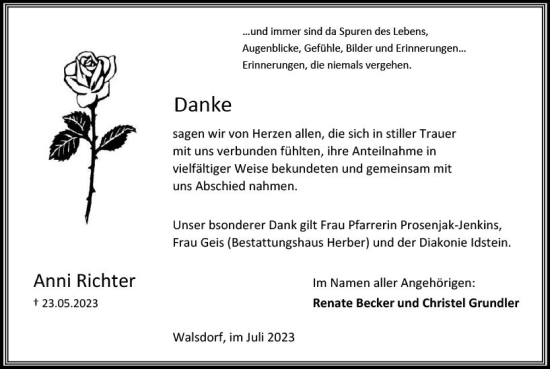 Traueranzeige von Anni Richter von Camberger Anzeiger