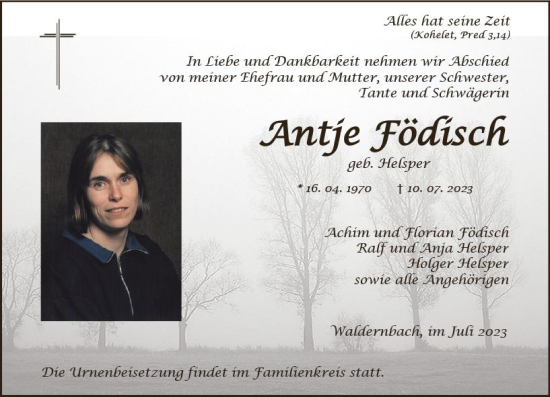 Traueranzeige von Antje Födisch von Weilburger Tageblatt