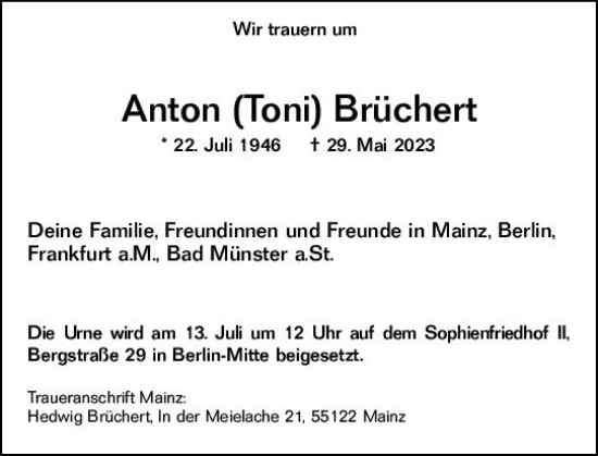 Traueranzeige von Anton  Brüchert von Allgemeine Zeitung Mainz