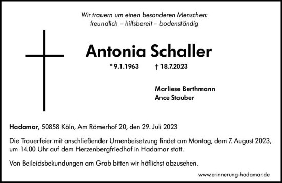 Traueranzeige von Antonia Schaller von Nassauische Neue Presse