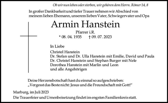 Traueranzeige von Armin Hanstein von Dill Block
