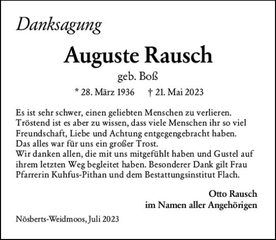 Traueranzeige von Auguste Rausch von VRM Trauer