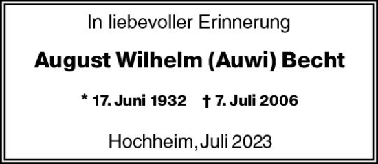 Traueranzeige von August Wilhelm Becht von Hochheimer Zeitung