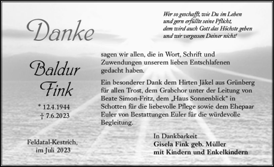 Traueranzeige von Baldur Fink von Oberhessen Kurier