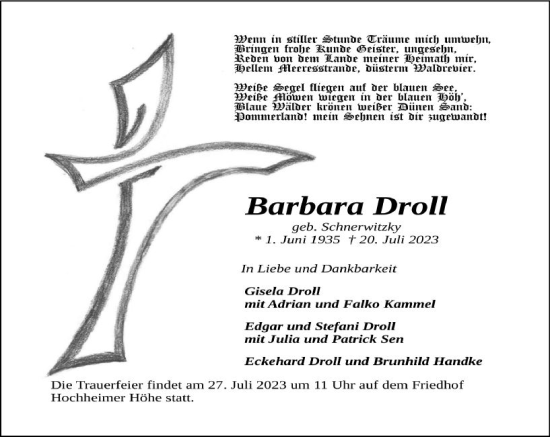 Traueranzeige von Barbara Droll von Wormser Zeitung
