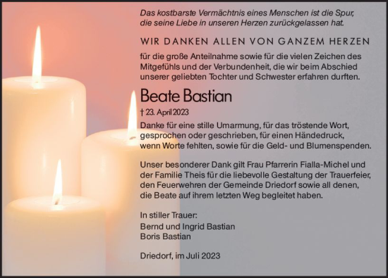 Traueranzeige von Beate Bastian von Dill Block