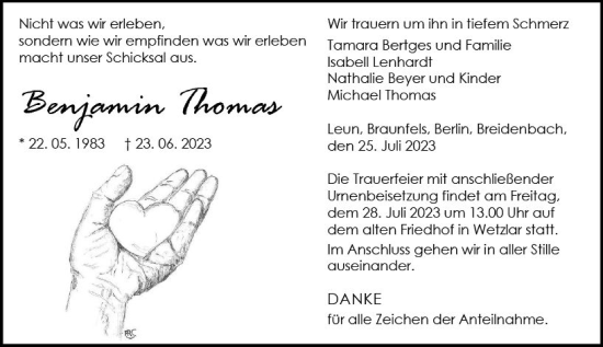 Traueranzeige von Benjamin Thomas von Wetzlarer Neue Zeitung
