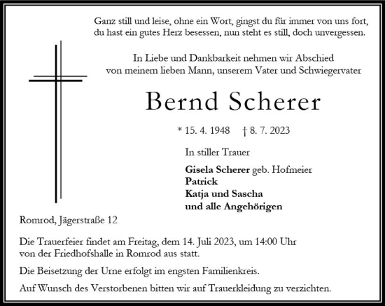 Traueranzeige von Bernd Scherer von VRM Trauer