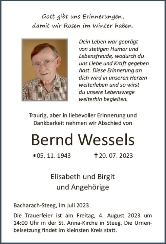 Traueranzeige von Bernd Wessels von Allgemeine Zeitung Bingen/Ingelheim