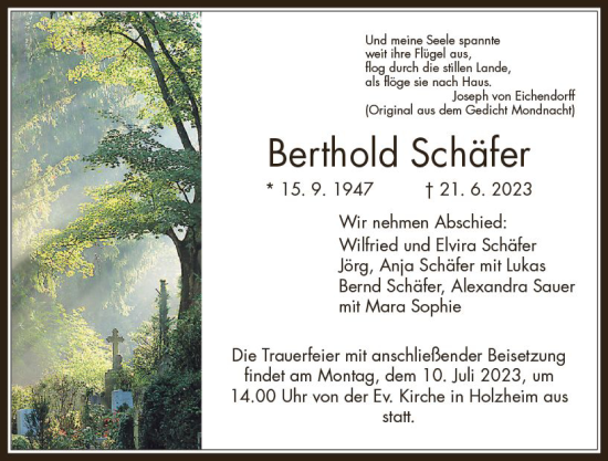 Traueranzeige von Berthold Schäfer von Wetzlarer Neue Zeitung