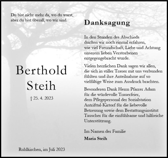 Traueranzeige von Berthold Steih von VRM Trauer