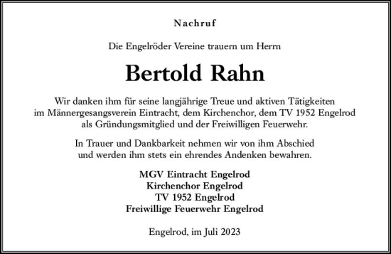 Traueranzeige von Bertold Rahn von VRM Trauer